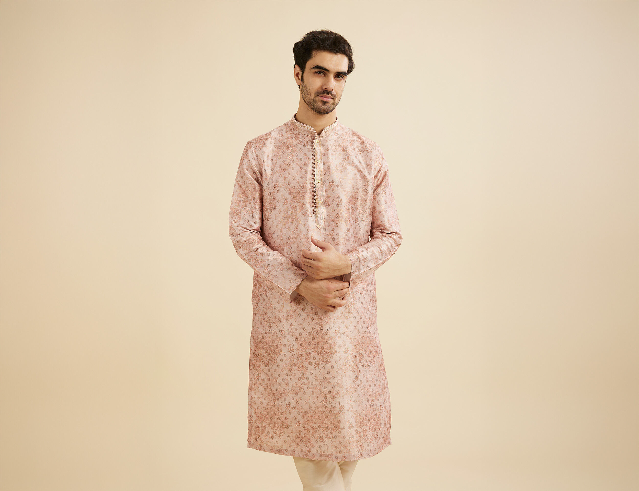 Men wearing Peach floral kurta pajama set for wedding
